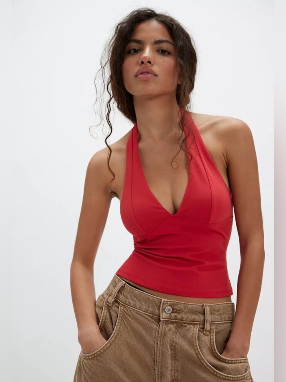 Free People Intimately Red Still Here Halter Crop Top Size Stretchy Y2K NWT
